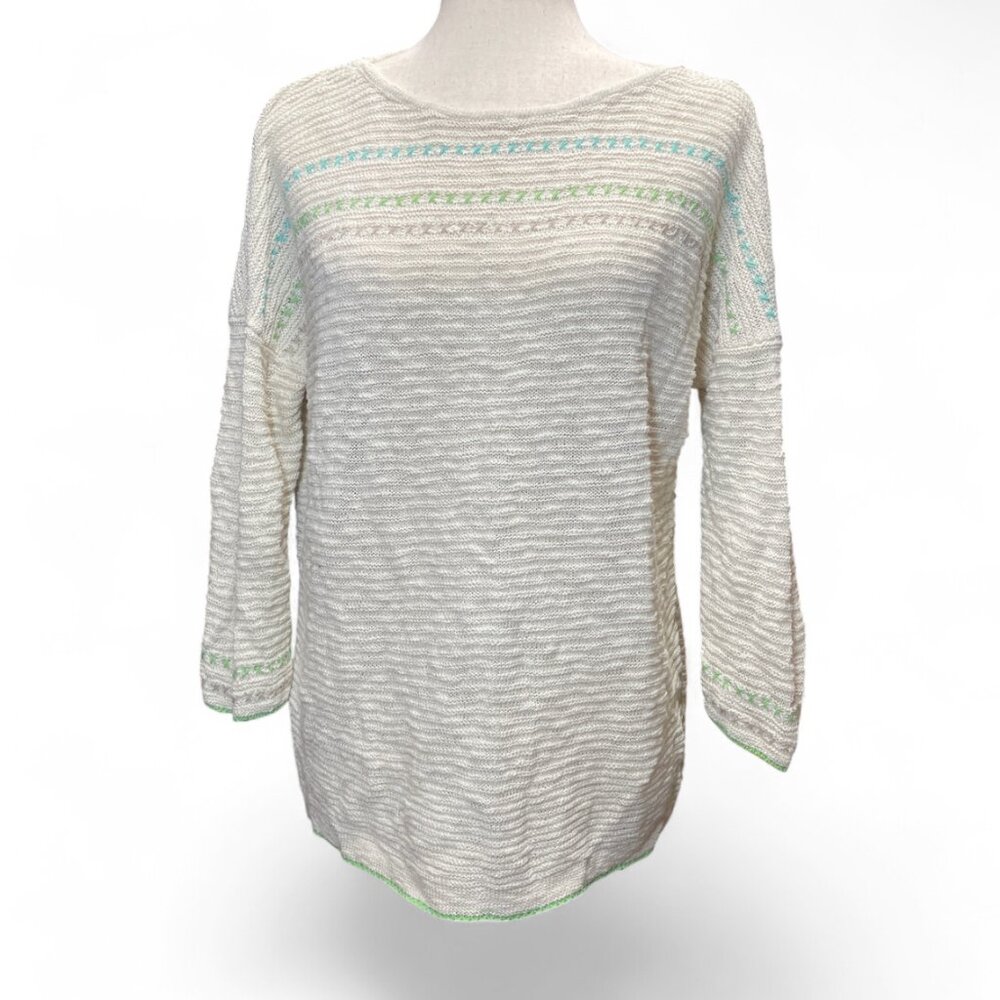 J Jill Womens Cream Light & Airy Knit Textured Embroidered Coastal Beach Sweater - Picture 1 of 7